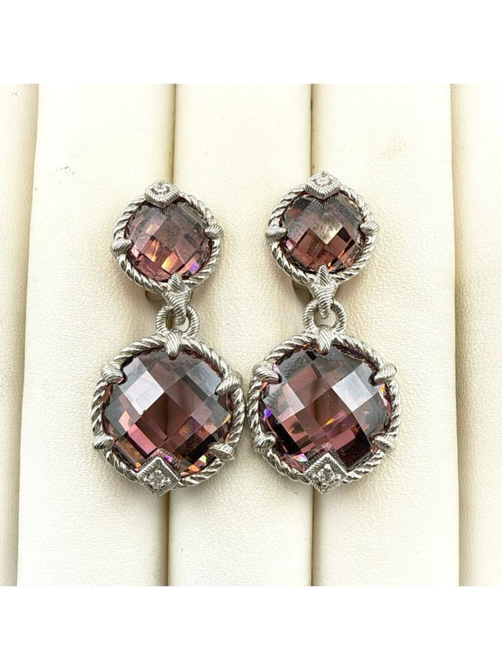 Judith Ripka Earrings Pink Tourmaline Dangle Drop Sterling Silver 925 CLIP ON